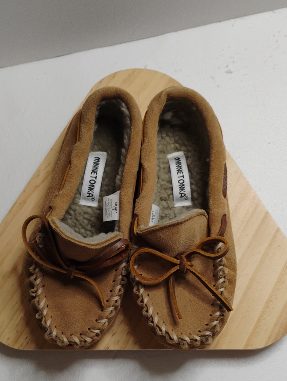Minnetonka Kids Tan Suede Shearling Moccasin Slippers